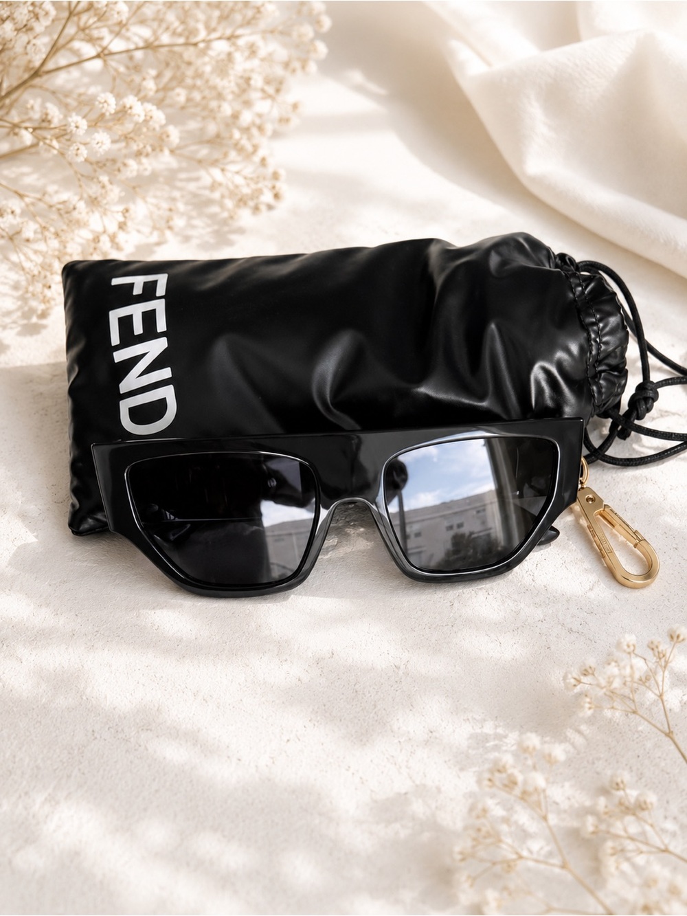 Fendi Black Logo Rectangular Sunglasses with Original Bag & Dust Bag